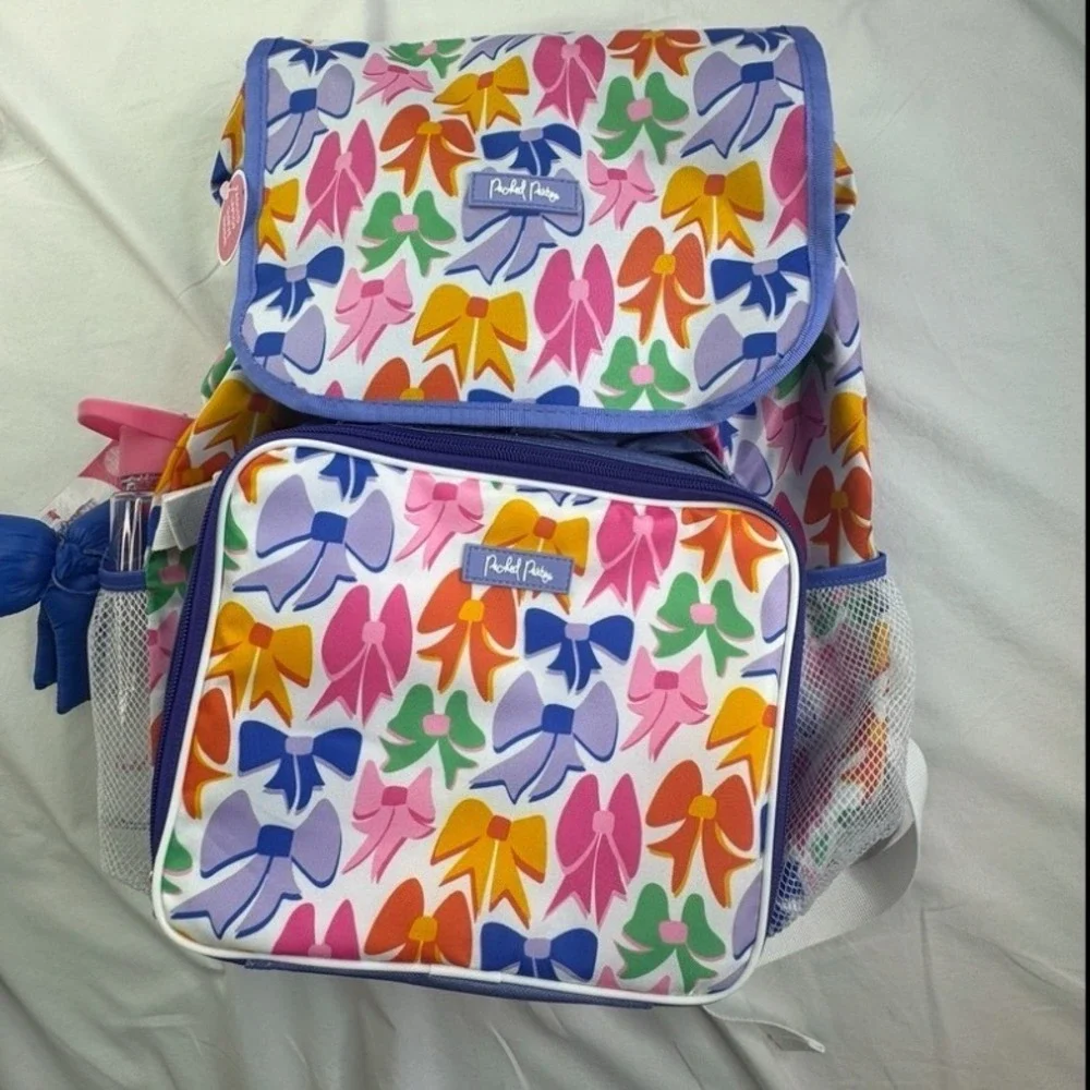 Packed Party Backpack Lunch Bag Water Bottle Set Rainbow Bow Print Padded Laptop